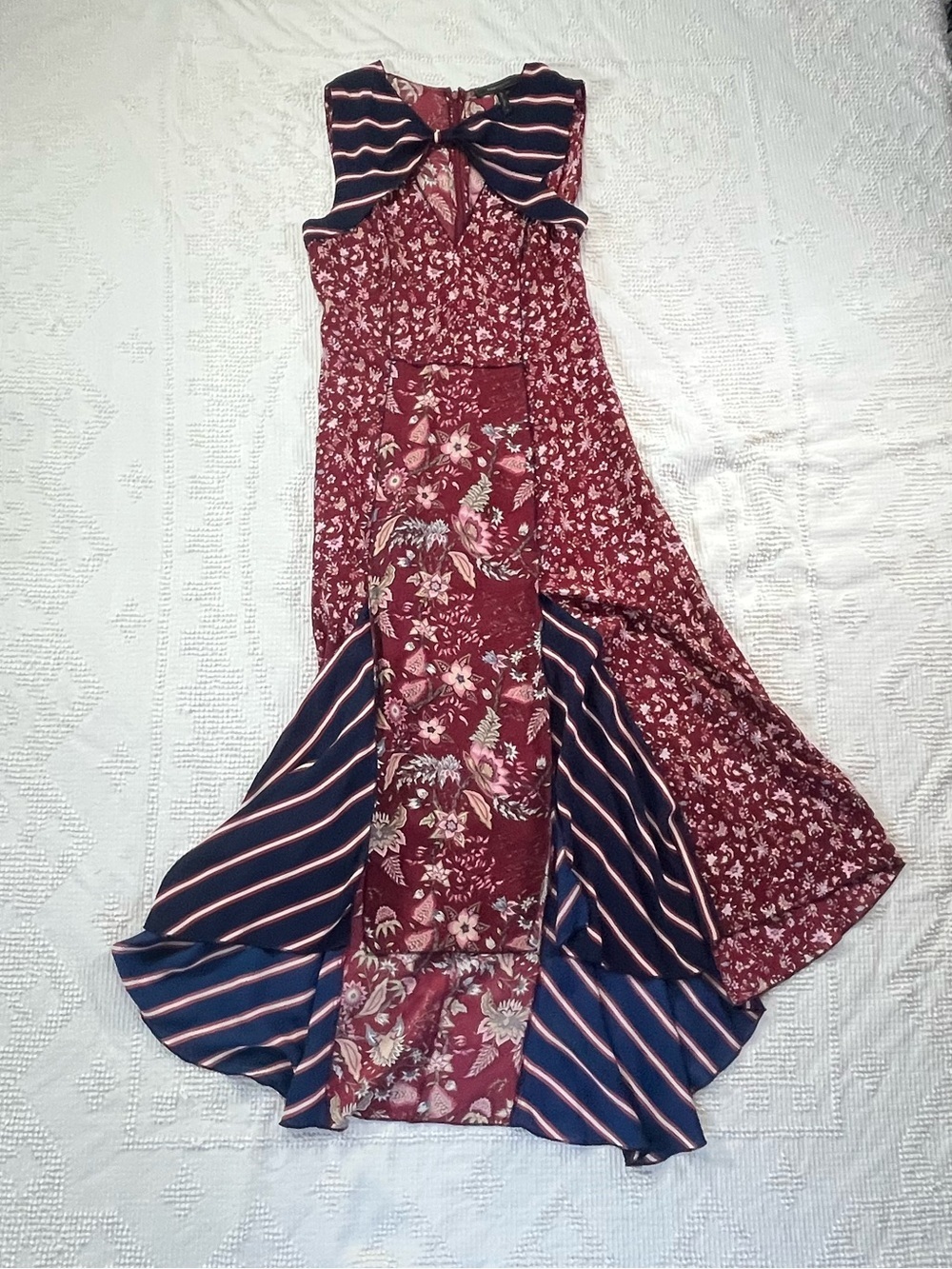 BCBGMaxAzria Red and Navy Dress with Flowers and Stripes